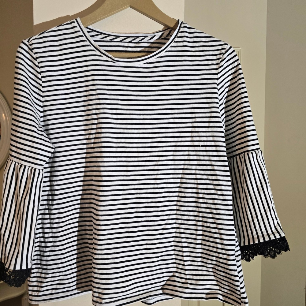 Rebecca Malone Striped Bell Sleeve Lace‎ Trim Top Women's L